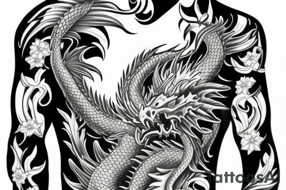 Half sleeve tattoo of a dragon with mai flowers tattoo idea