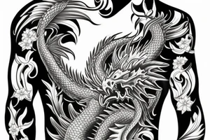 Half sleeve tattoo of a dragon with mai flowers tattoo idea