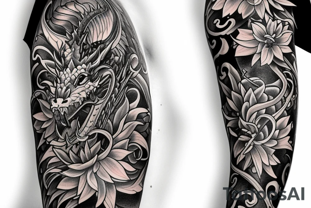 Half sleeve tattoo of a dragon with mai flowers tattoo idea