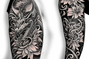 Half sleeve tattoo of a dragon with mai flowers tattoo idea
