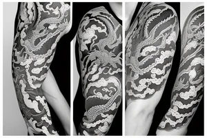 Half sleeve tattoo of a dragon with mai flowers tattoo idea