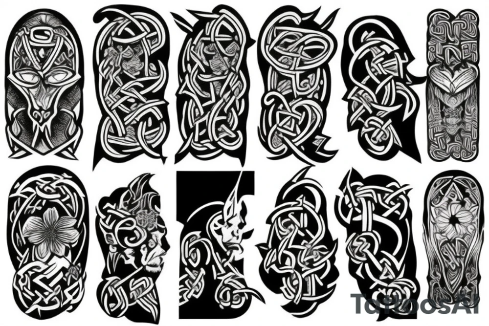 Half sleeve tattoo of norse gods and mai flowers tattoo idea