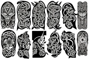 Half sleeve tattoo of norse gods and mai flowers tattoo idea