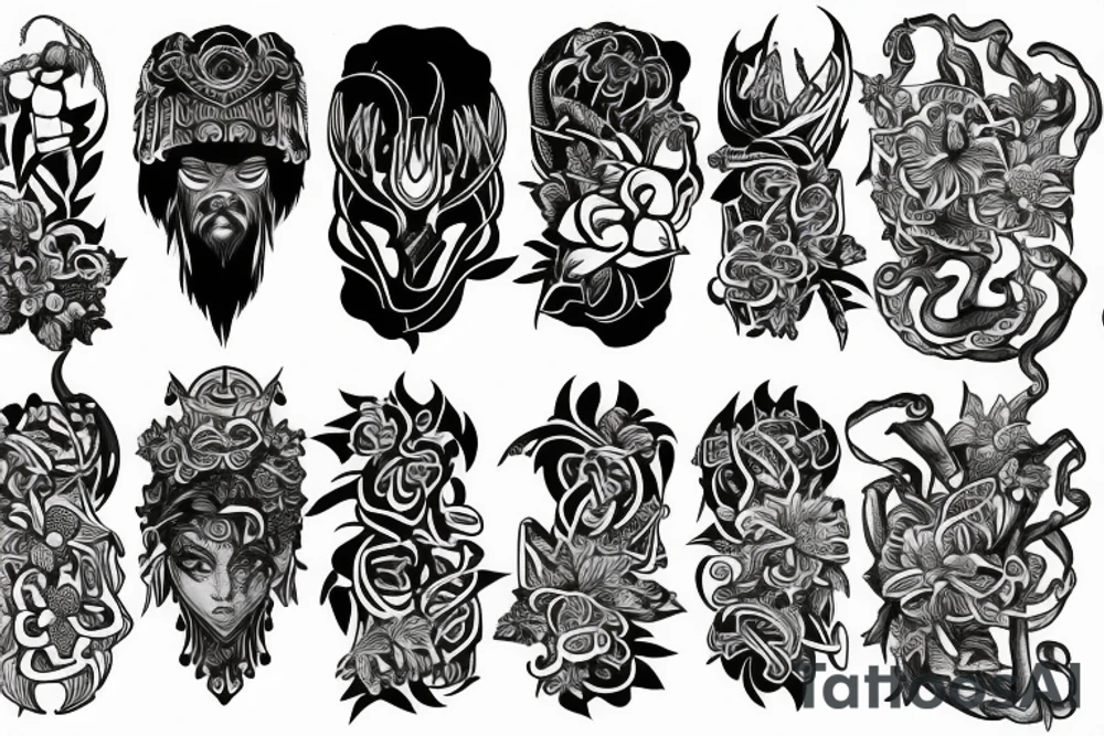 Half sleeve tattoo of norse gods and mai flowers tattoo idea