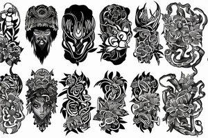 Half sleeve tattoo of norse gods and mai flowers tattoo idea