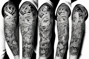 Half sleeve tattoo of norse gods and mai flowers tattoo idea