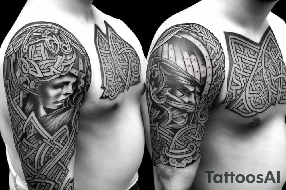 Half sleeve tattoo of norse gods and mai flowers tattoo idea