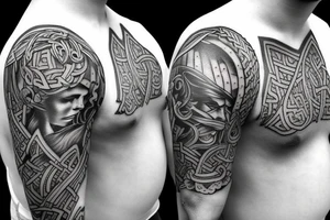 Half sleeve tattoo of norse gods and mai flowers tattoo idea