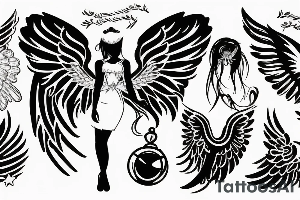a silhouette figure of an angel with huge wings and small body, without any details inside the silhouette tattoo idea