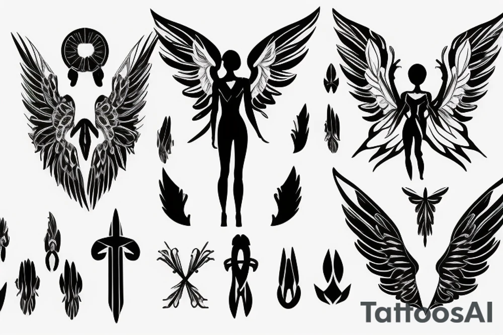 a silhouette figure of an androgynous angel with huge 4 tipped wings in an x shape and small body, without any details inside the silhouette tattoo idea