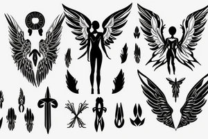 a silhouette figure of an androgynous angel with huge 4 tipped wings in an x shape and small body, without any details inside the silhouette tattoo idea