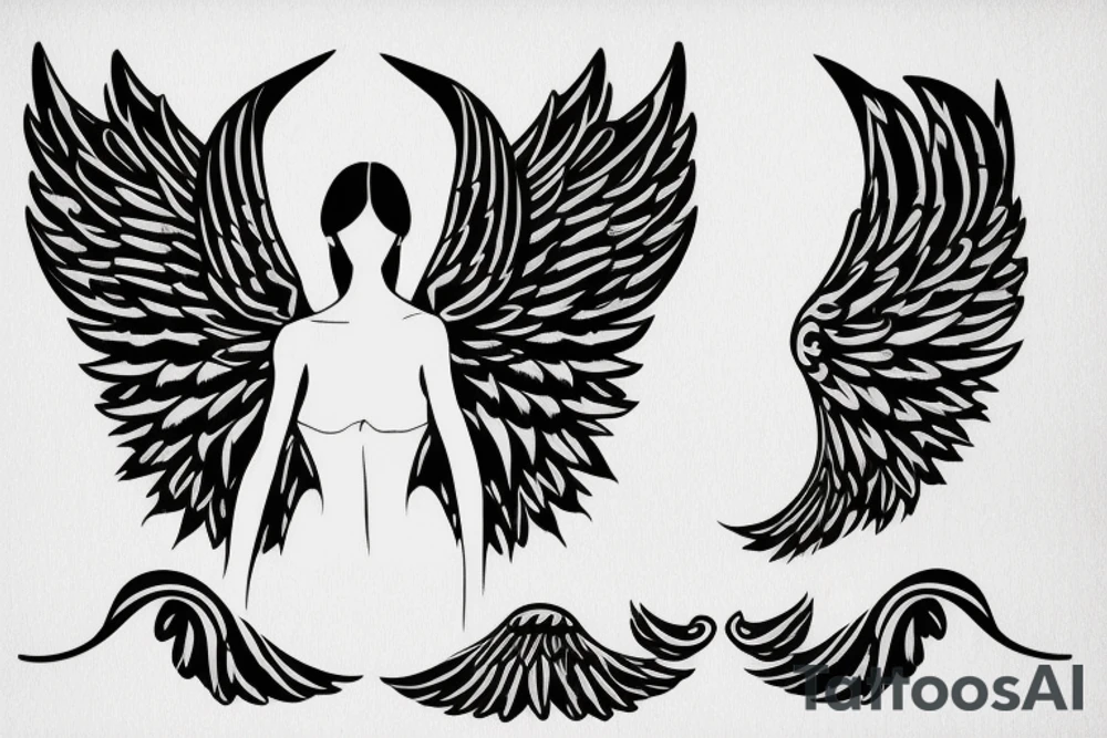 a silhouette figure of an androgynous angel with huge 4 tipped wings in an x shape and small body, without any details inside the silhouette tattoo idea