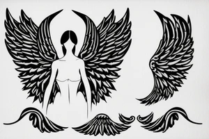 a silhouette figure of an androgynous angel with huge 4 tipped wings in an x shape and small body, without any details inside the silhouette tattoo idea