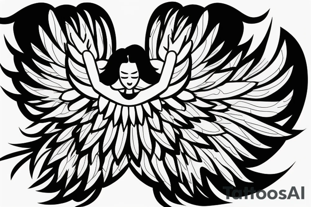 a silhouette figure of an androgynous angel with huge 4 tipped wings in an x shape and small body, without any details inside the silhouette tattoo idea