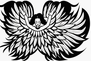 a silhouette figure of an androgynous angel with huge 4 tipped wings in an x shape and small body, without any details inside the silhouette tattoo idea