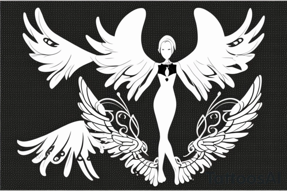 a silhouette figure of an androgynous angel with huge 4 tipped wings in an x shape and small body, without any details inside the silhouette tattoo idea