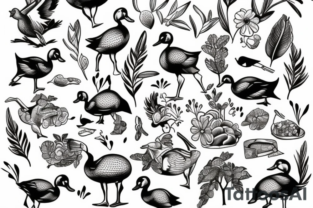 DUCK WITH DEER, FISH, FIELDS, CROPS INSIDE tattoo idea