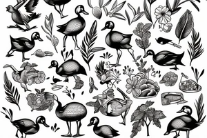 DUCK WITH DEER, FISH, FIELDS, CROPS INSIDE tattoo idea