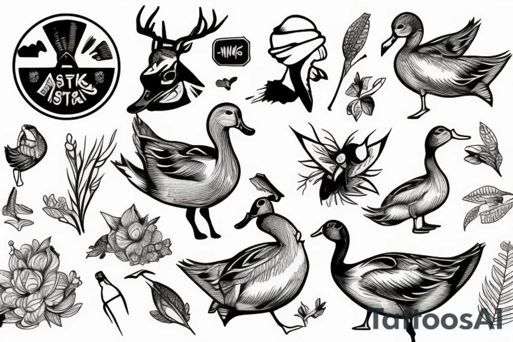 DUCK WITH DEER, FISH, FIELDS, CROPS INSIDE tattoo idea