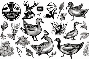 DUCK WITH DEER, FISH, FIELDS, CROPS INSIDE tattoo idea