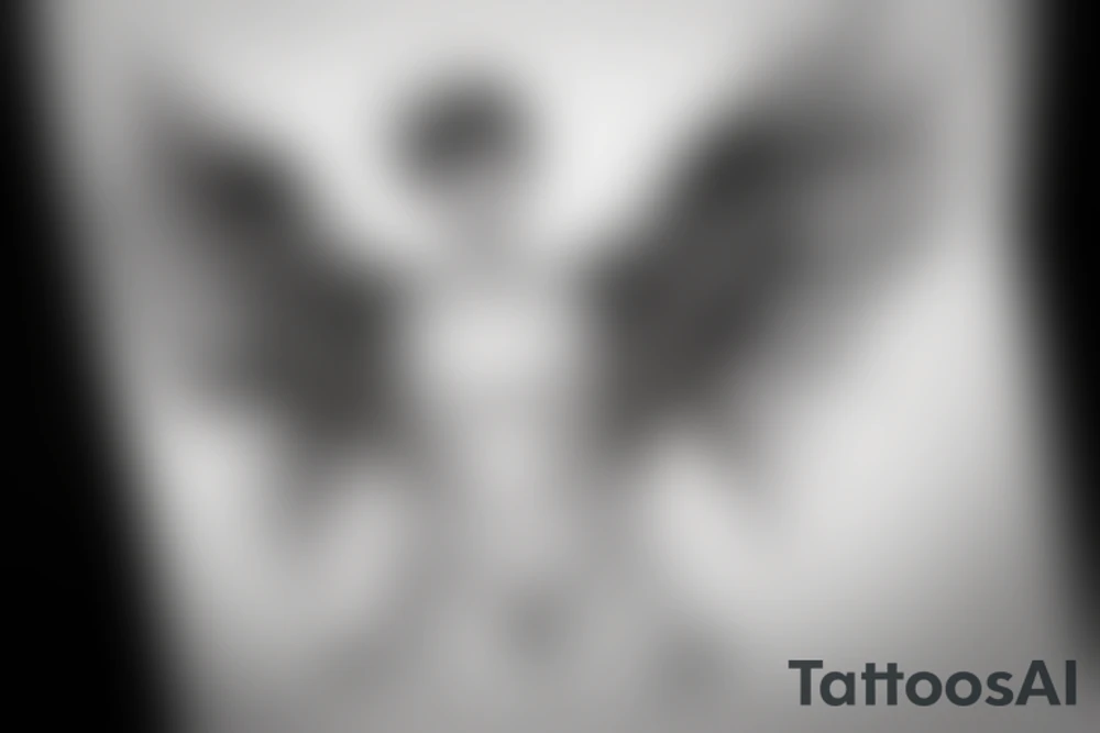 a silhouette figure of an androgynous angel covered in light clothed with 4 tipped wings in an x shape and small body, without any details inside the silhouette tattoo idea