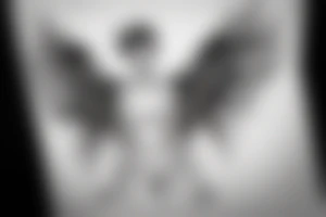 a silhouette figure of an androgynous angel covered in light clothed with 4 tipped wings in an x shape and small body, without any details inside the silhouette tattoo idea
