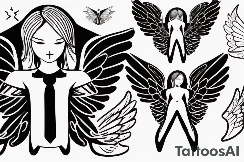 a silhouette figure of an androgynous angel covered in light clothed with 4 tipped wings in an x shape and small body, without any details inside the silhouette tattoo idea