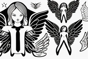 a silhouette figure of an androgynous angel covered in light clothed with 4 tipped wings in an x shape and small body, without any details inside the silhouette tattoo idea