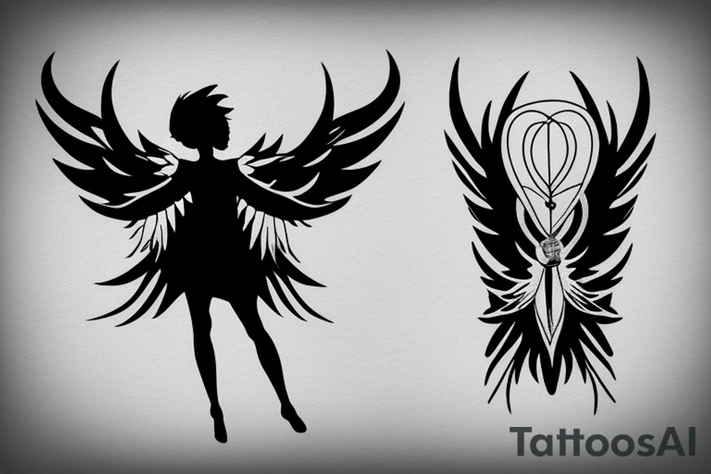 a silhouette figure of an androgynous angel covered in light clothed with wings in an x shape and small body, without any details inside the silhouette tattoo idea
