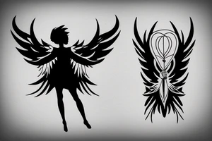 a silhouette figure of an androgynous angel covered in light clothed with wings in an x shape and small body, without any details inside the silhouette tattoo idea