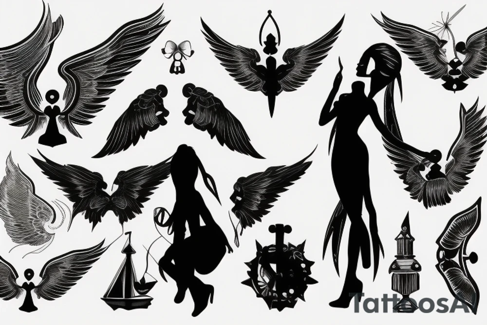 a silhouette figure of an androgynous angel covered in light clothed with wings in an x shape and small body, without any details inside the silhouette tattoo idea