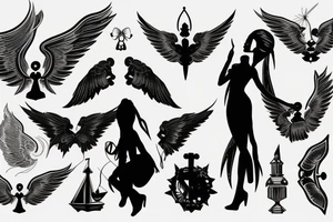 a silhouette figure of an androgynous angel covered in light clothed with wings in an x shape and small body, without any details inside the silhouette tattoo idea