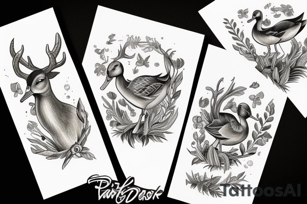 DUCK WITH DEER, FISH, FIELDS, CROPS INSIDE tattoo idea
