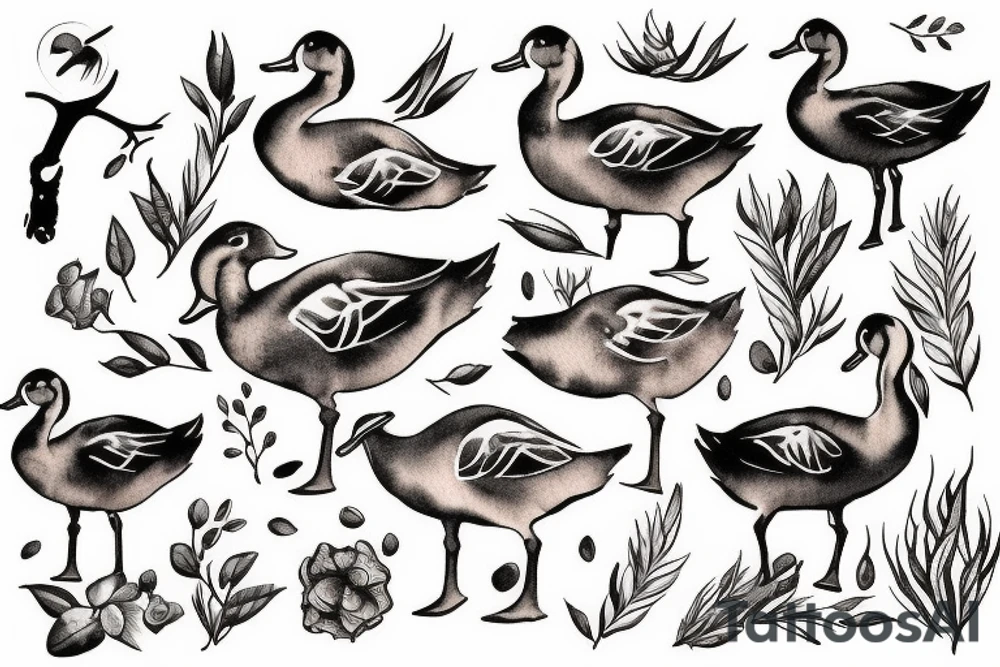 DUCK WITH DEER, FISH, FIELDS, CROPS INSIDE tattoo idea