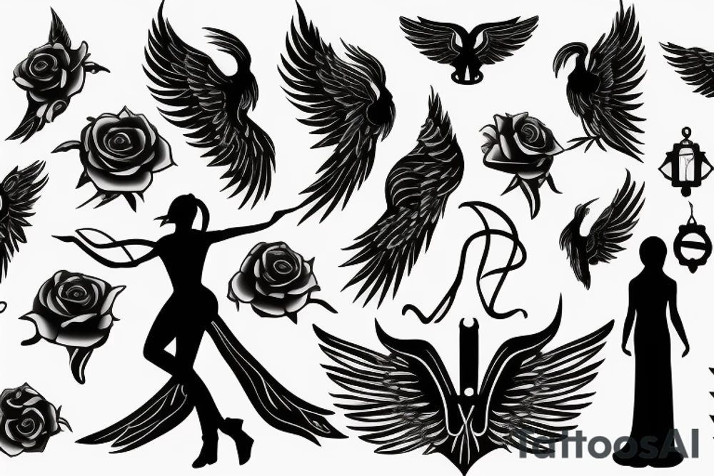 a silhouette figure of an androgynous angel covered in light clothed with wings in an x shape and small body, without any details inside the silhouette tattoo idea
