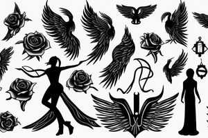 a silhouette figure of an androgynous angel covered in light clothed with wings in an x shape and small body, without any details inside the silhouette tattoo idea
