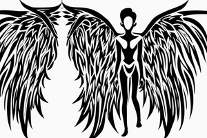 a silhouette figure of an androgynous angel covered in light clothed with wings in an x shape and small body, without any details inside the silhouette tattoo idea
