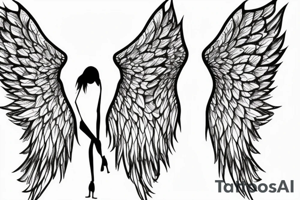 a silhouette figure of an angel covered in light clothed with huge wings in an x shape, without any details inside the silhouette tattoo idea