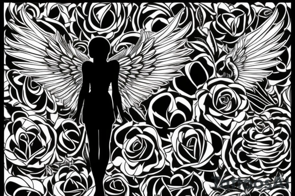 a silhouette figure of an angel in light clothed with huge wings in an x shape, without any details inside the silhouette tattoo idea