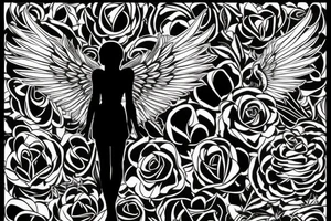a silhouette figure of an angel in light clothed with huge wings in an x shape, without any details inside the silhouette tattoo idea