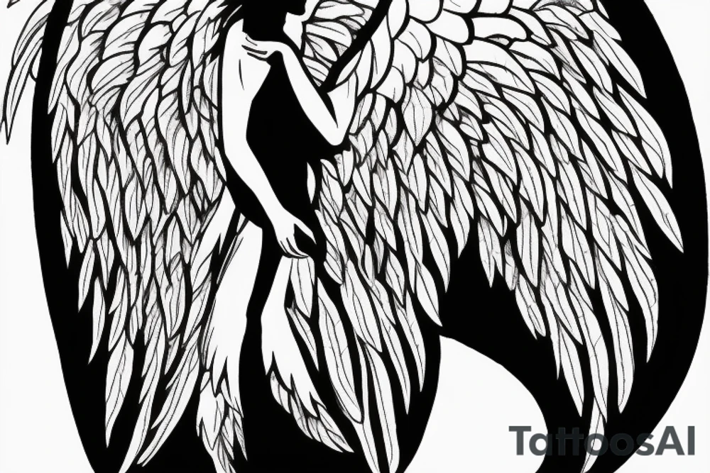 a silhouette figure of an angel in light clothed with huge wings in an x shape, without any details inside the silhouette tattoo idea
