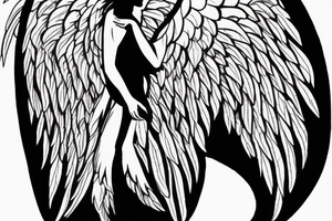a silhouette figure of an angel in light clothed with huge wings in an x shape, without any details inside the silhouette tattoo idea