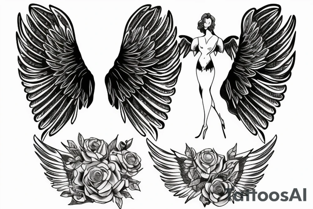 a silhouette figure of an angel in light clothed with huge wings in an x shape tattoo idea