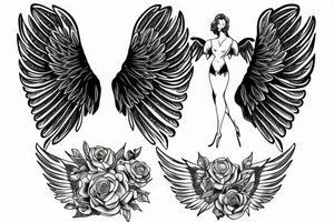 a silhouette figure of an angel in light clothed with huge wings in an x shape tattoo idea