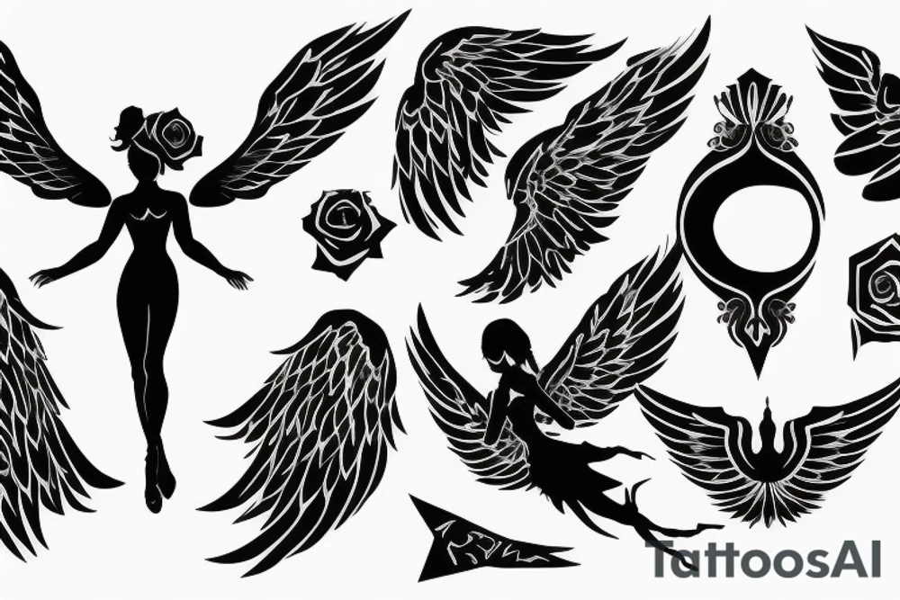 a silhouette figure of an angel in light clothed with huge wings in an x shape tattoo idea