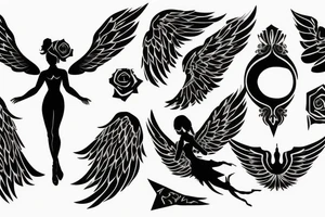 a silhouette figure of an angel in light clothed with huge wings in an x shape tattoo idea