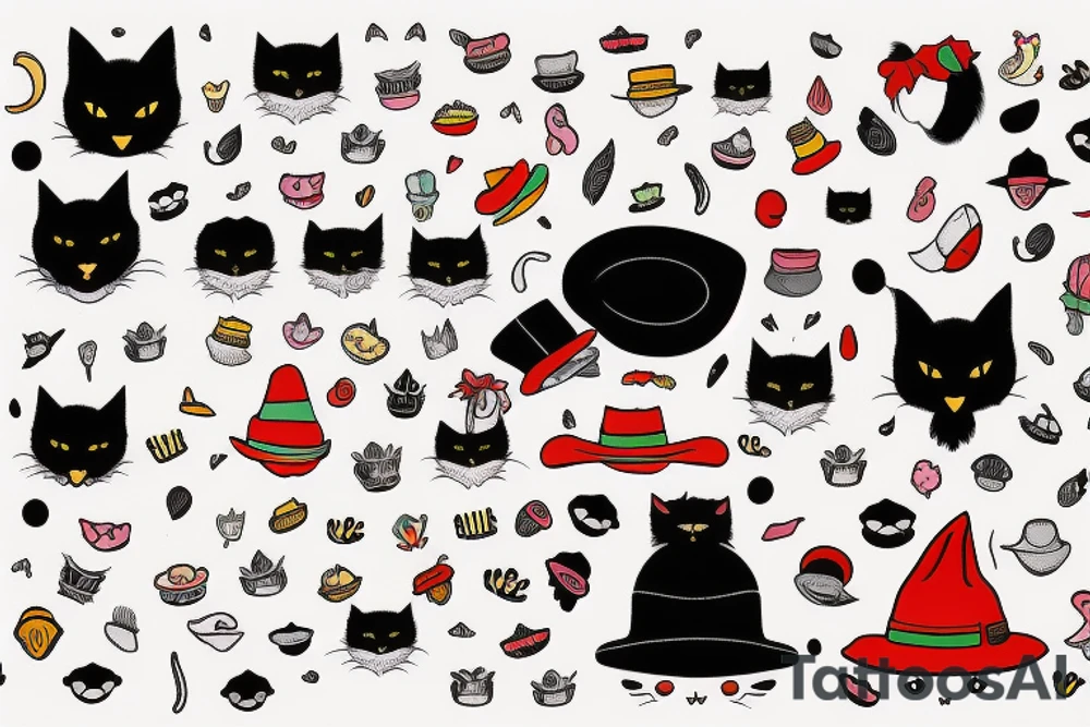 BLACK CAT WITH A FUNNY HAT AND SWEATER tattoo idea