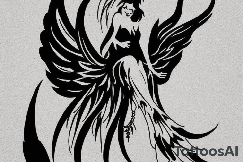 Ankle tattoo silhouette a full black angel floating with huge feather wings tattoo idea