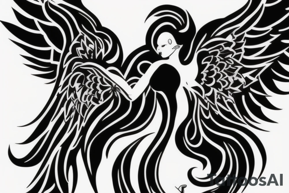 Ankle tattoo silhouette a full black angel facing back floating with huge feather wings tattoo idea