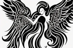 Ankle tattoo silhouette a full black angel facing back floating with huge feather wings tattoo idea
